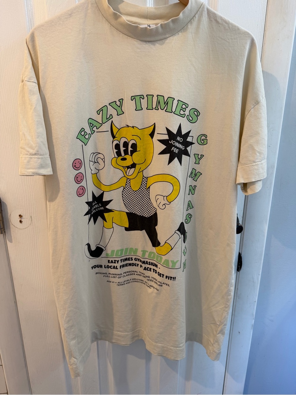 COLLUSION Oversized Graphic T-Shirt - Cream with Yellow & Green Print, Size 6